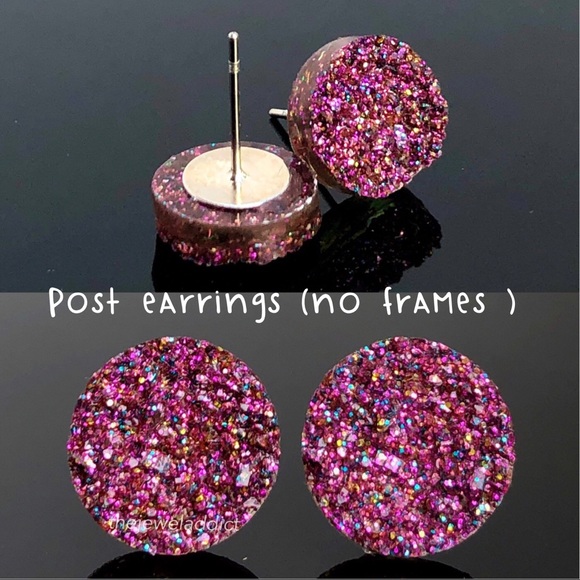 3 for 15🎀magenta glitter faux Druzy silver studs - Picture 13 of 14